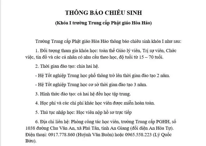 Thông báo chiêu sinh Khóa 1 của Trường Trung cấp Phật giáo Hòa Hảo