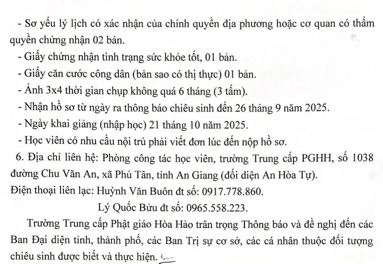 Trường Trung Cấp Phật Giáo Hoà Hảo Thông báo chiêu sinh